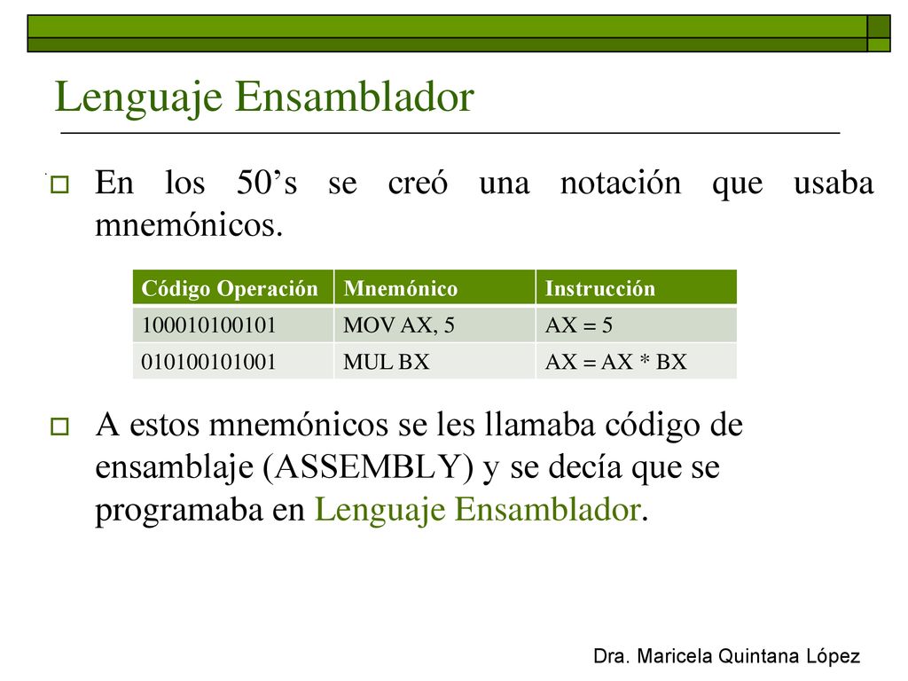 Lenguaje Ensamblador En los 50’s se creó una notación que usaba mnemónicos.