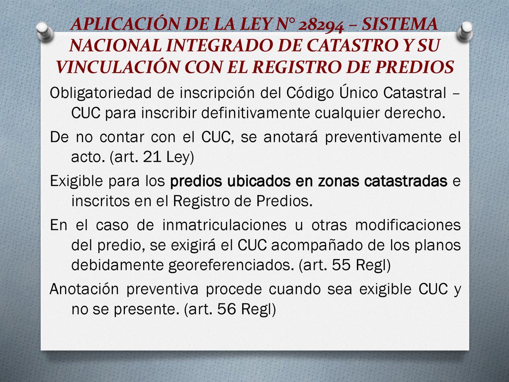 APLICACIÓN DE LA LEY N° – SISTEMA NACIONAL INTEGRADO DE CATASTRO Y SU VINCULACIÓN CON EL REGISTRO DE PREDIOS