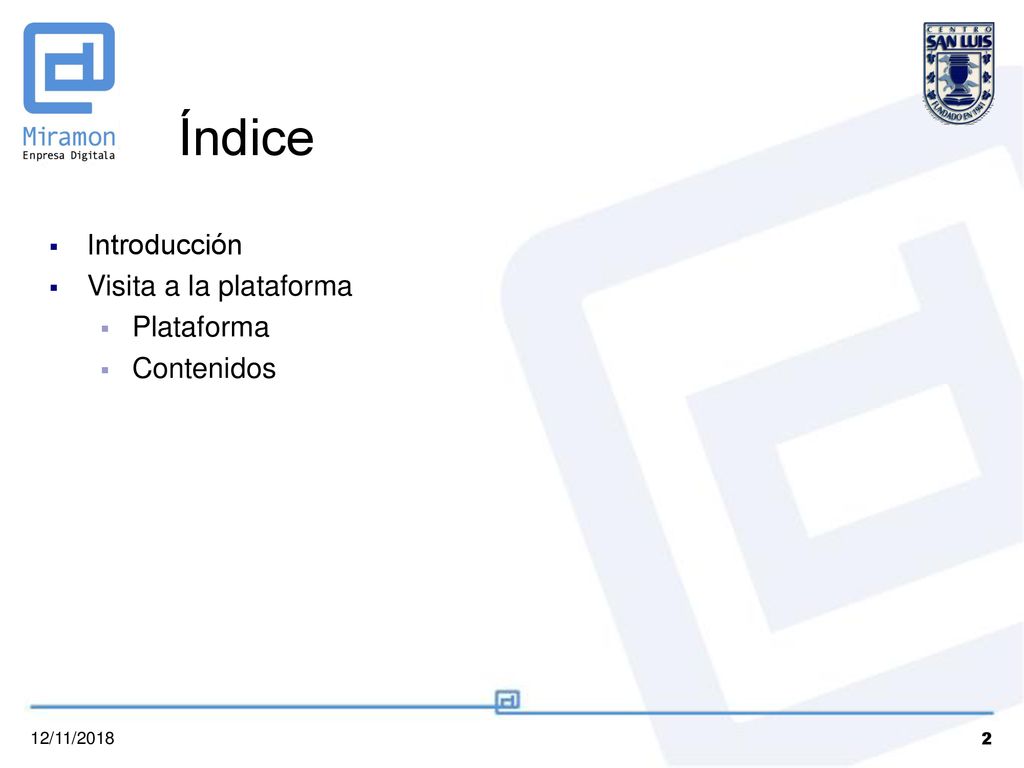 Índice Introducción Visita a la plataforma Plataforma Contenidos