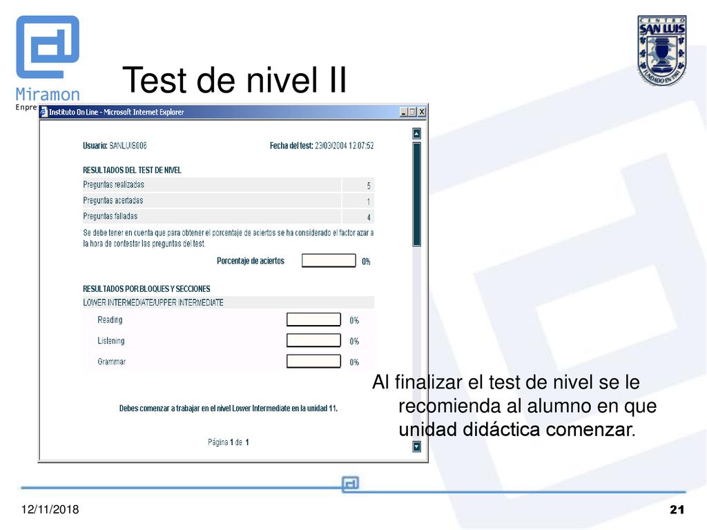 Test de nivel II Al finalizar el test de nivel se le recomienda al alumno en que unidad didáctica comenzar.