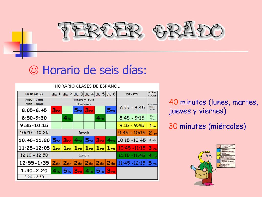 Horario de seis días: 40 minutos (lunes, martes, jueves y viernes)