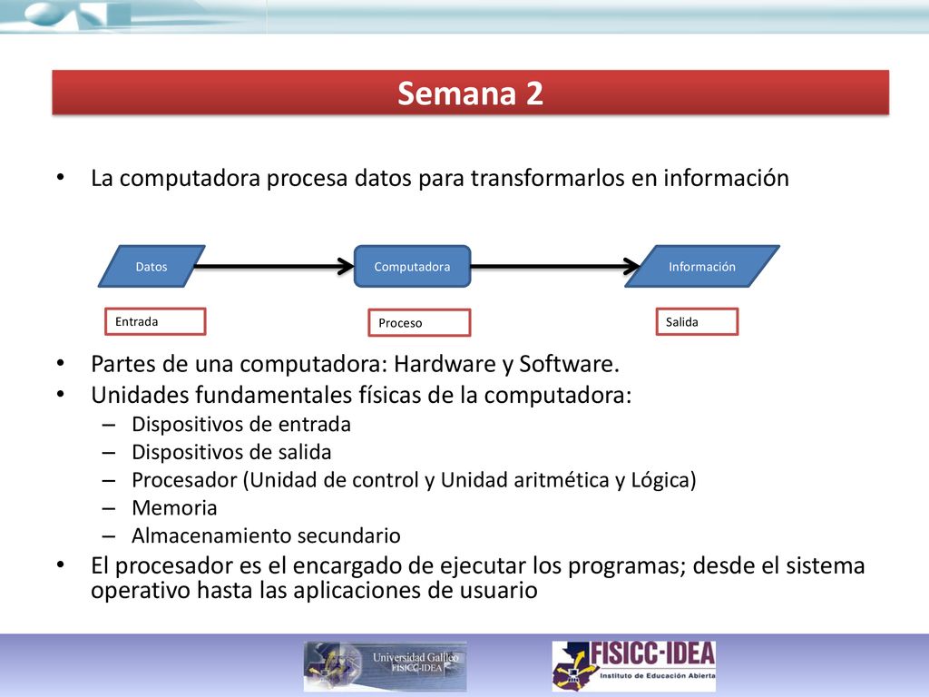 Semana 2 La computadora procesa datos para transformarlos en información. Partes de una computadora: Hardware y Software.