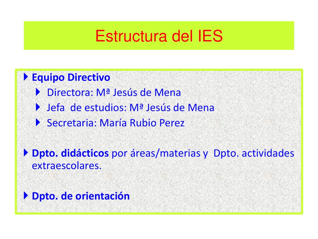 Estructura del IES Equipo Directivo Directora: Mª Jesús de Mena