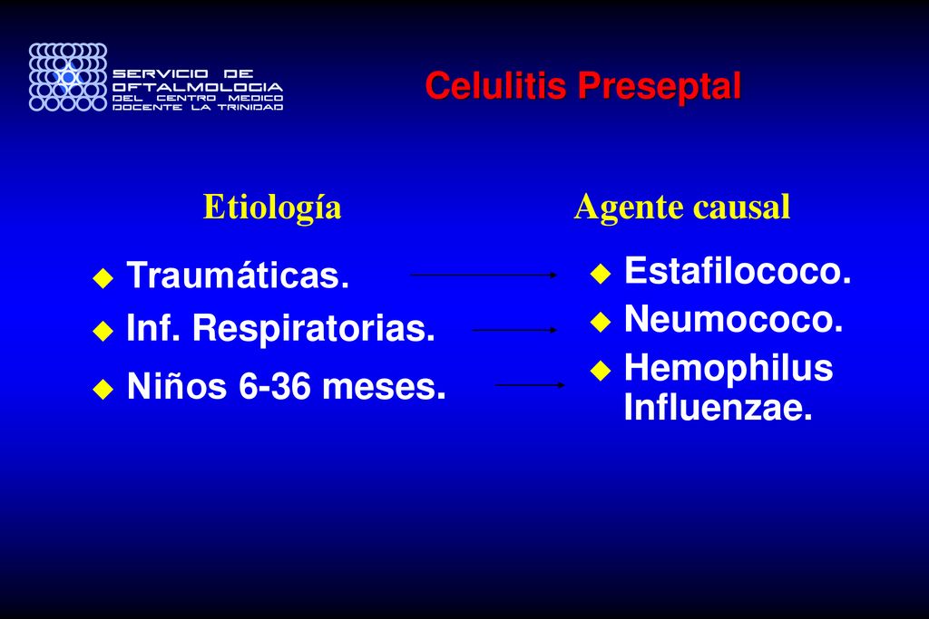 Celulitis Preseptal Etiología. Agente causal. Traumáticas. Inf. Respiratorias. Niños 6-36 meses.