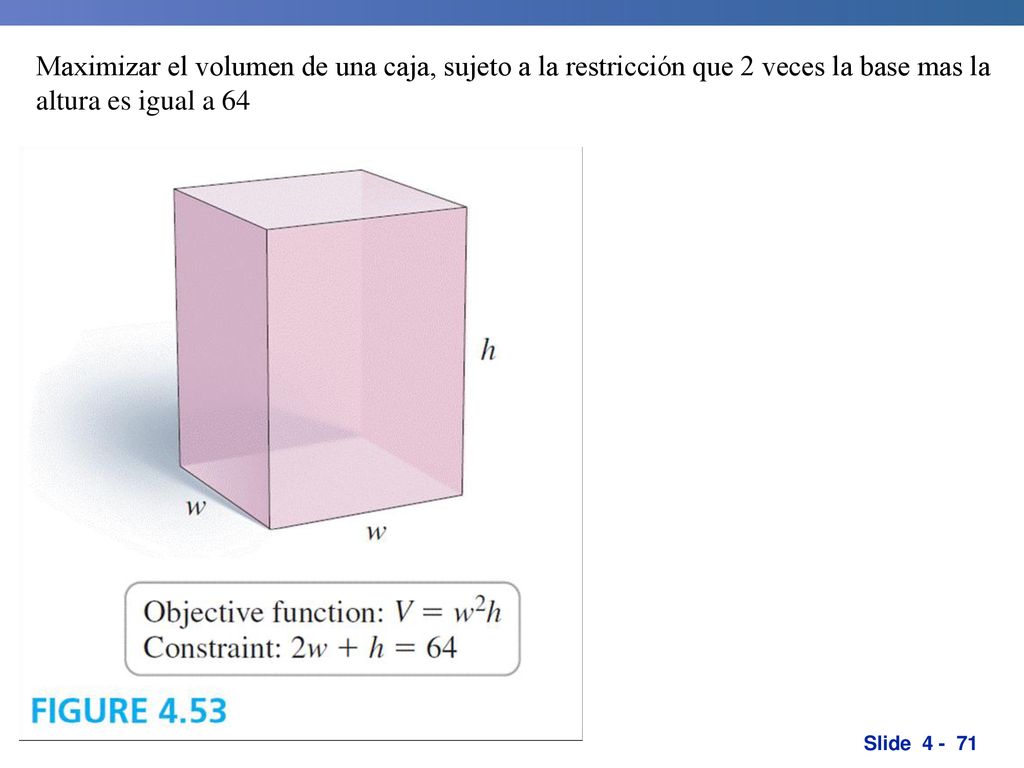 Maximizar el volumen de una caja, sujeto a la restricción que 2 veces la base mas la altura es igual a 64.
