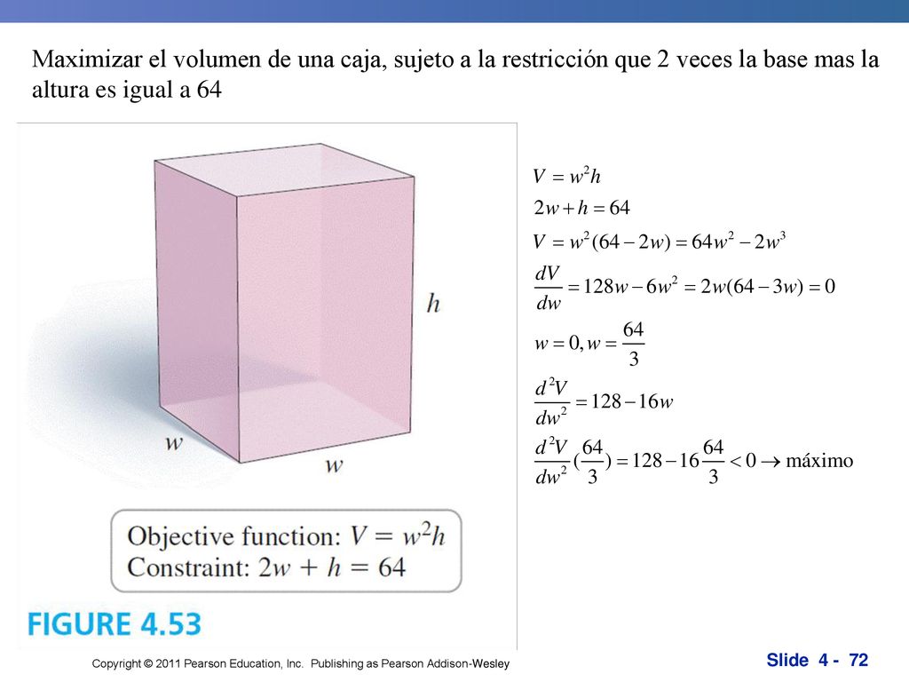 Maximizar el volumen de una caja, sujeto a la restricción que 2 veces la base mas la altura es igual a 64.