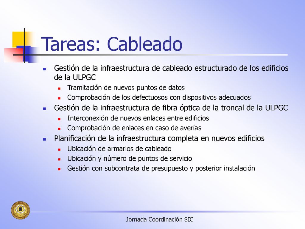 Tareas: Cableado Gestión de la infraestructura de cableado estructurado de los edificios de la ULPGC.