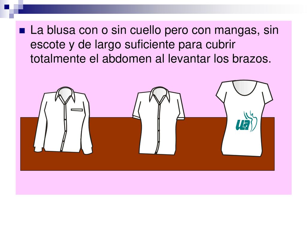 La blusa con o sin cuello pero con mangas, sin escote y de largo suficiente para cubrir totalmente el abdomen al levantar los brazos.