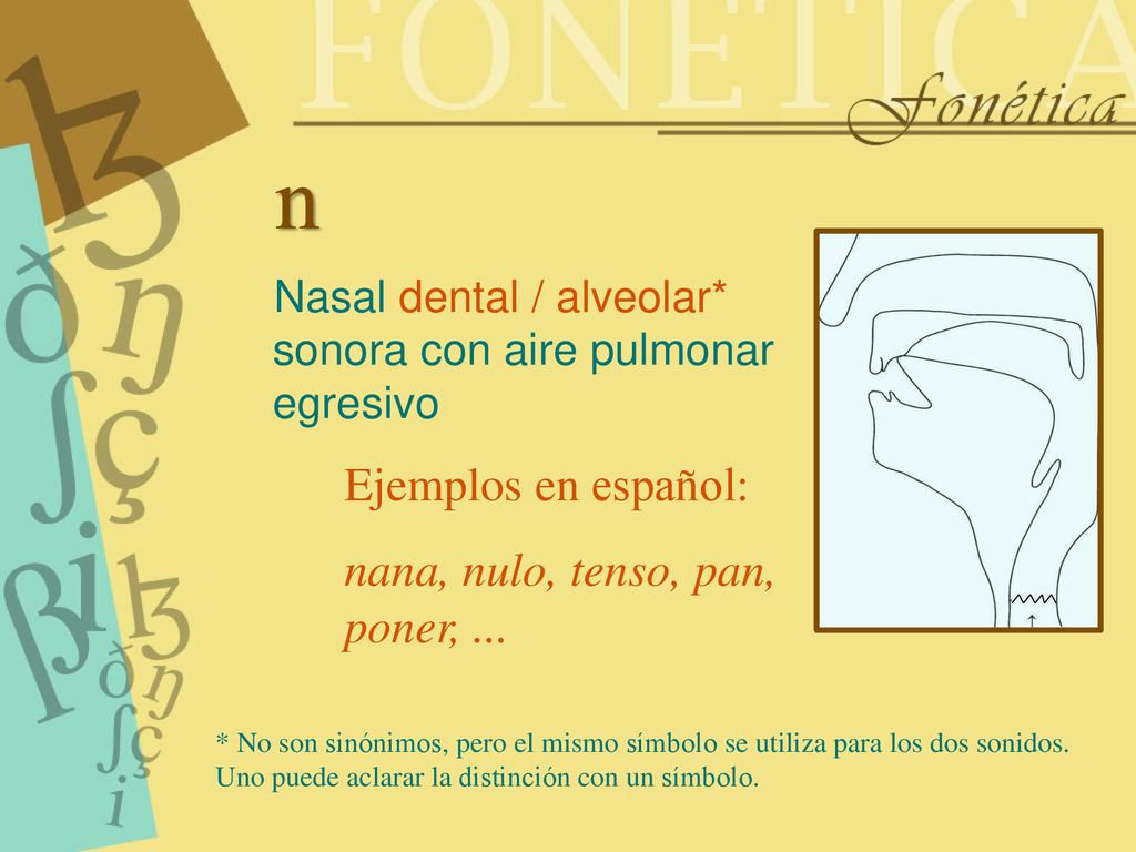 n Ejemplos en español: nana, nulo, tenso, pan, poner, ...