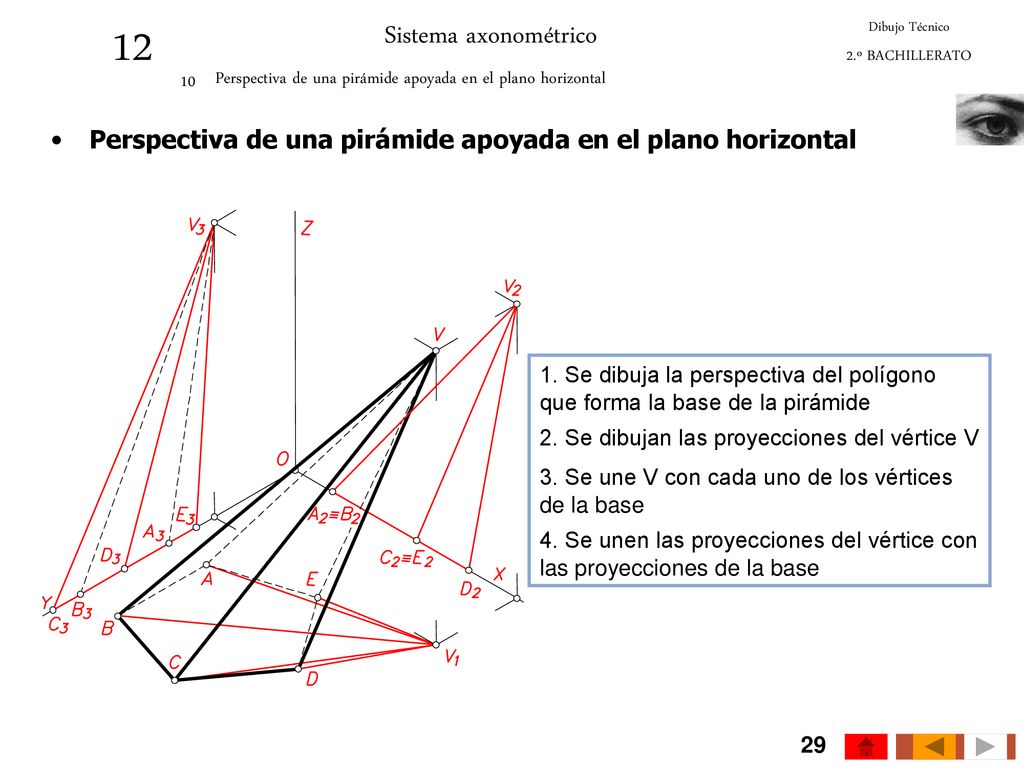 12 Sistema axonométrico. Dibujo Técnico. 2.º BACHILLERATO. 10. Perspectiva de una pirámide apoyada en el plano horizontal.