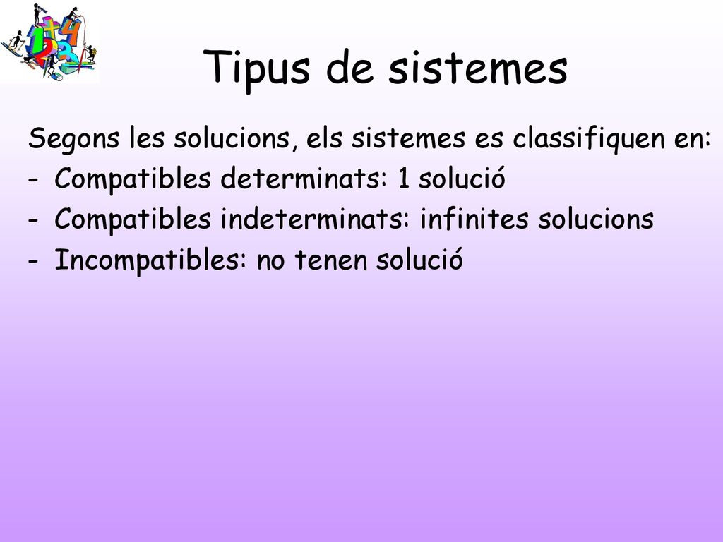 Tipus de sistemes Segons les solucions, els sistemes es classifiquen en: Compatibles determinats: 1 solució.