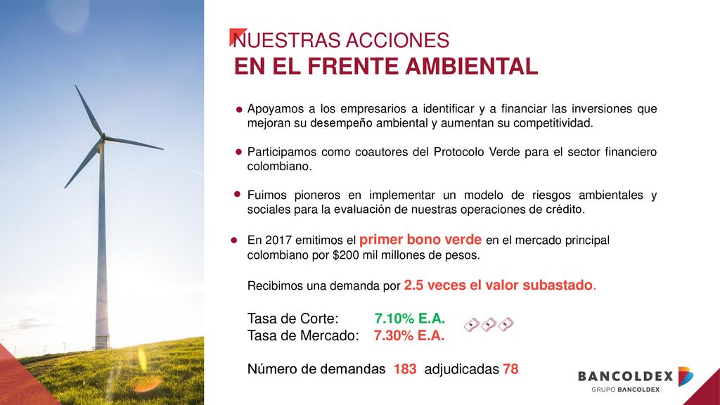 EN EL FRENTE AMBIENTAL NUESTRAS ACCIONES Tasa de Corte: 7.10% E.A.