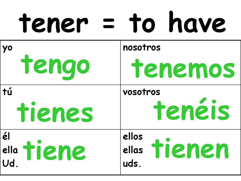 tener = to have tengo tenemos tenéis tienes tienen tiene yo nosotros