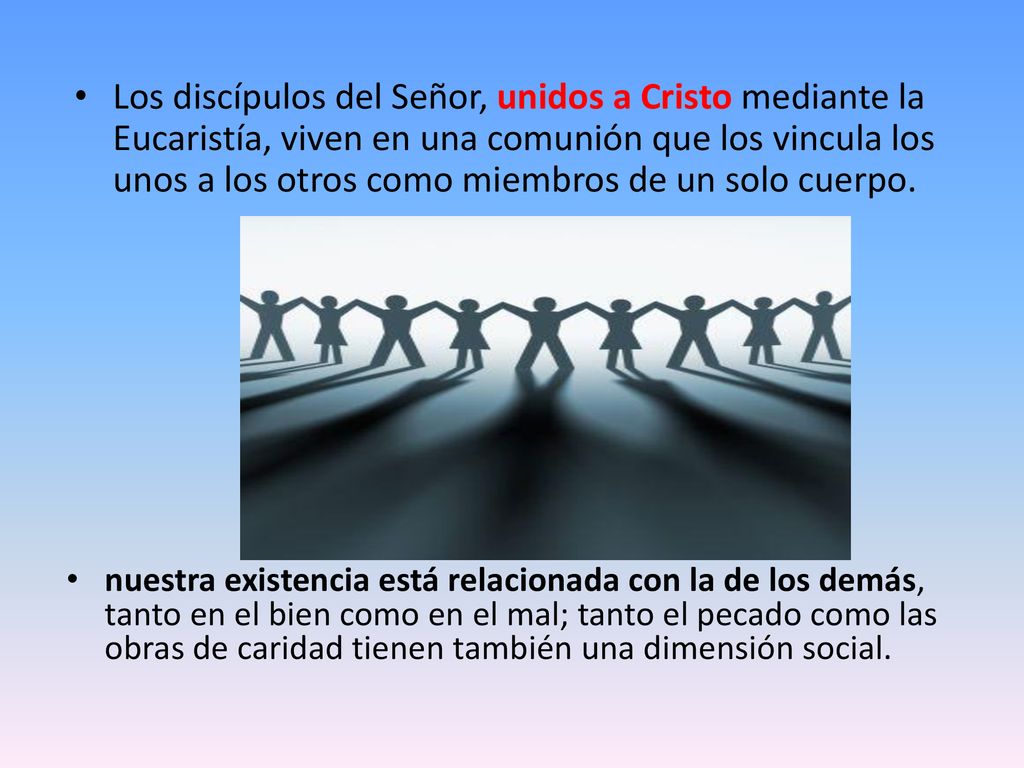 Los discípulos del Señor, unidos a Cristo mediante la Eucaristía, viven en una comunión que los vincula los unos a los otros como miembros de un solo cuerpo.