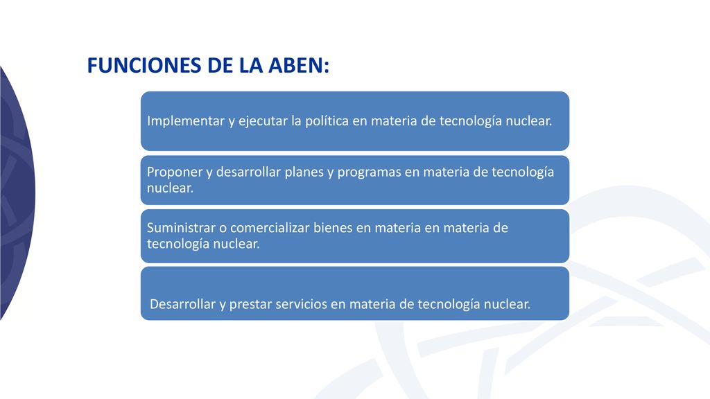 FUNCIONES DE LA ABEN: Implementar y ejecutar la política en materia de tecnología nuclear.