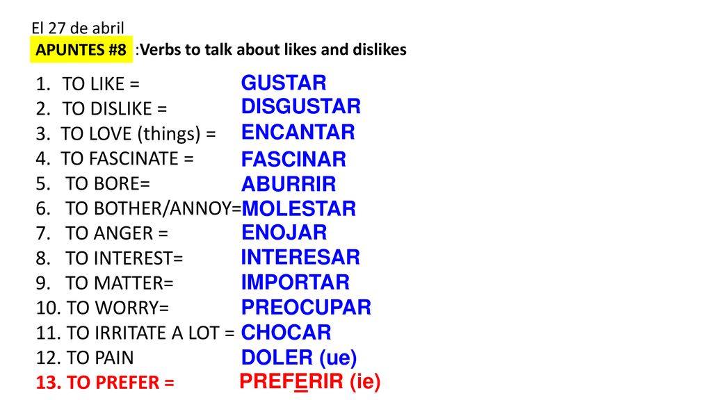 TO LIKE = GUSTAR TO DISLIKE = DISGUSTAR 3. TO LOVE (things) =
