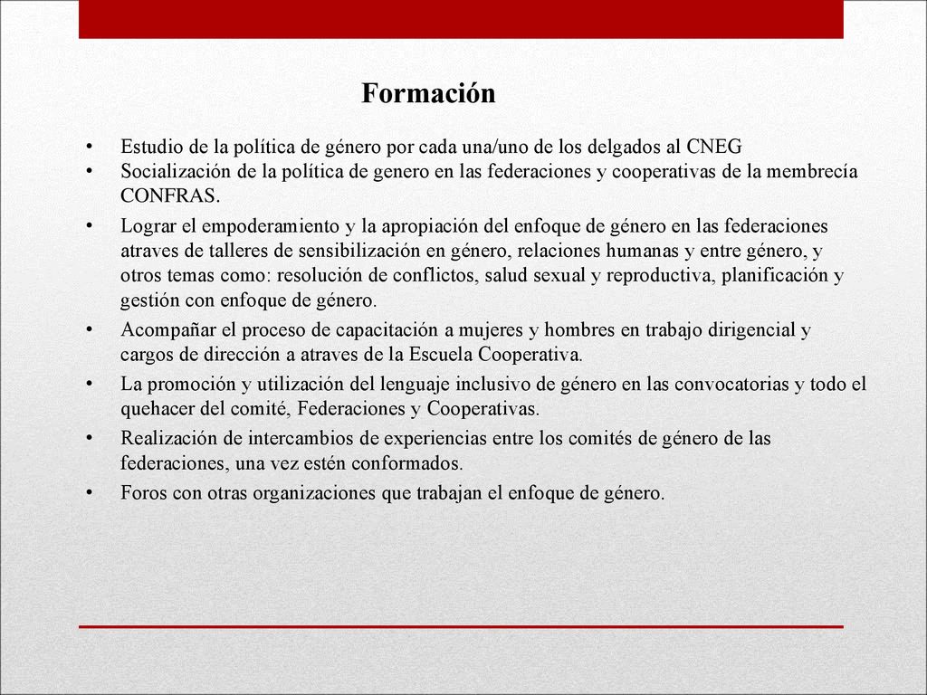 Formación Estudio de la política de género por cada una/uno de los delgados al CNEG.