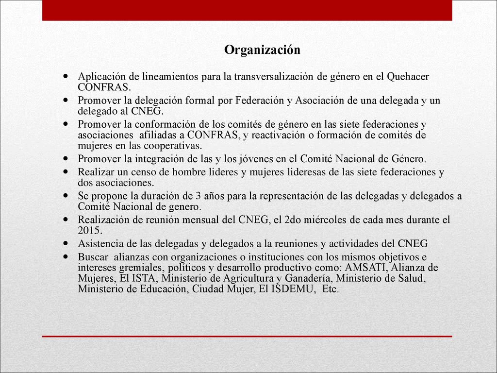 Organización Aplicación de lineamientos para la transversalización de género en el Quehacer CONFRAS.