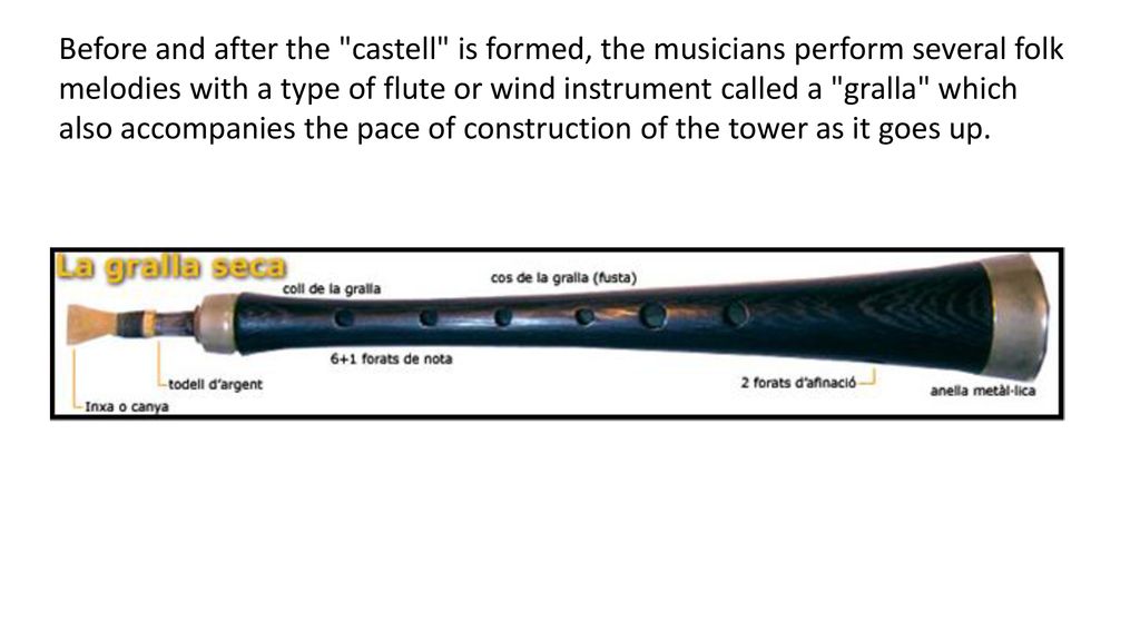 Before and after the castell is formed, the musicians perform several folk melodies with a type of flute or wind instrument called a gralla which also accompanies the pace of construction of the tower as it goes up.