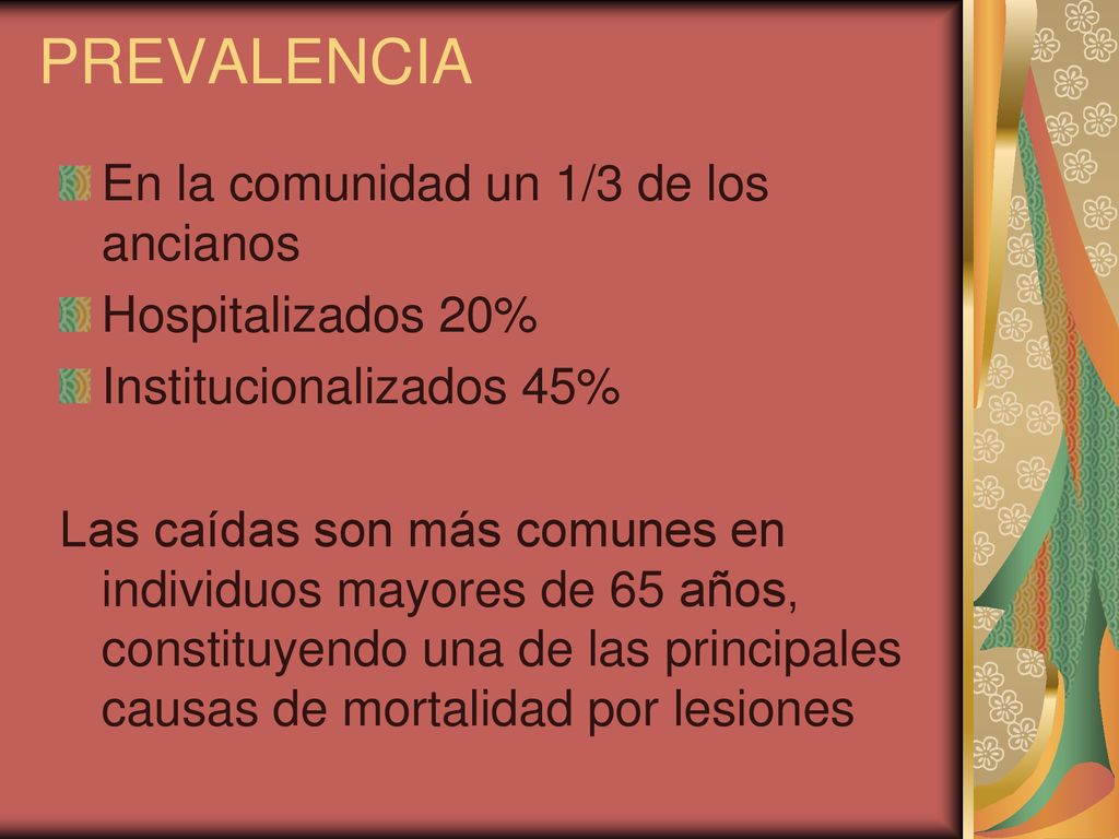 PREVALENCIA En la comunidad un 1/3 de los ancianos Hospitalizados 20%