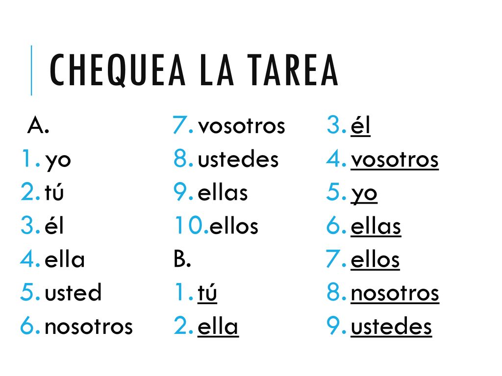 Chequea la tarea A. vosotros yo ustedes tú ellas él ellos ella B.