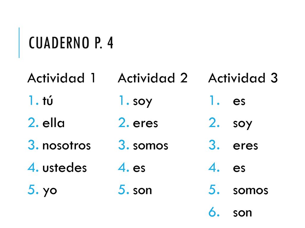 Cuaderno p. 4 Actividad 1 Actividad 2 Actividad 3 tú soy ella eres