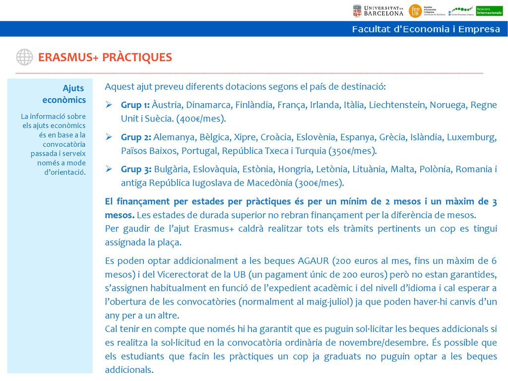 ERASMUS+ PRÀCTIQUES Ajuts. econòmics. Aquest ajut preveu diferents dotacions segons el país de destinació: