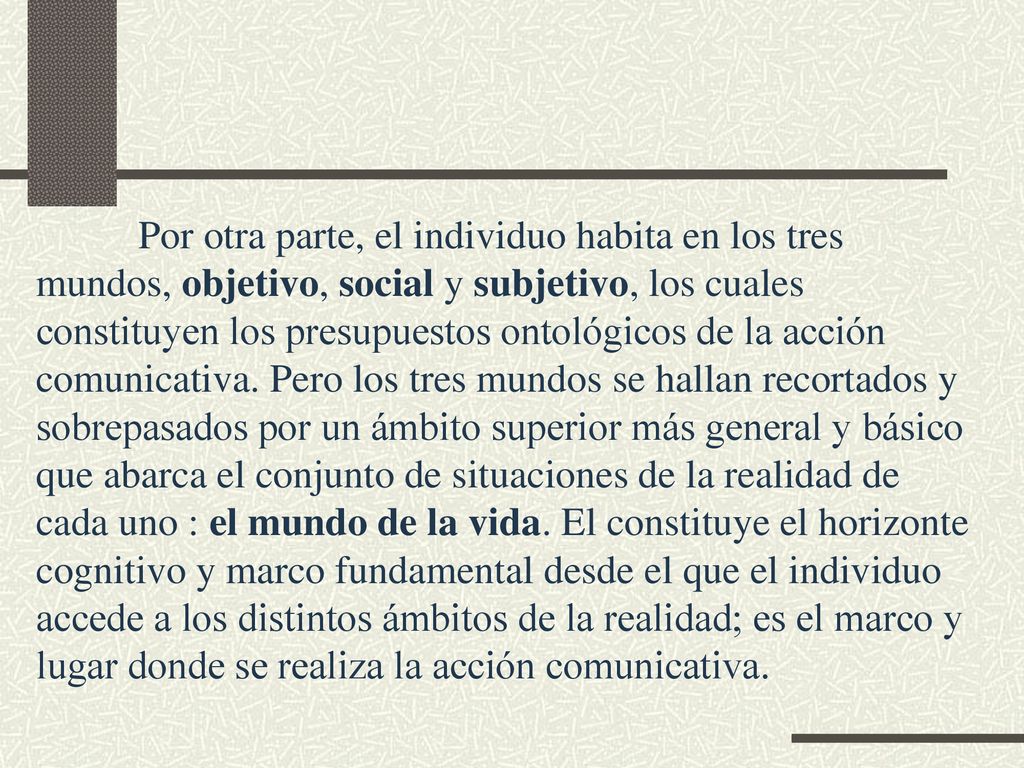Por otra parte, el individuo habita en los tres mundos, objetivo, social y subjetivo, los cuales constituyen los presupuestos ontológicos de la acción comunicativa.