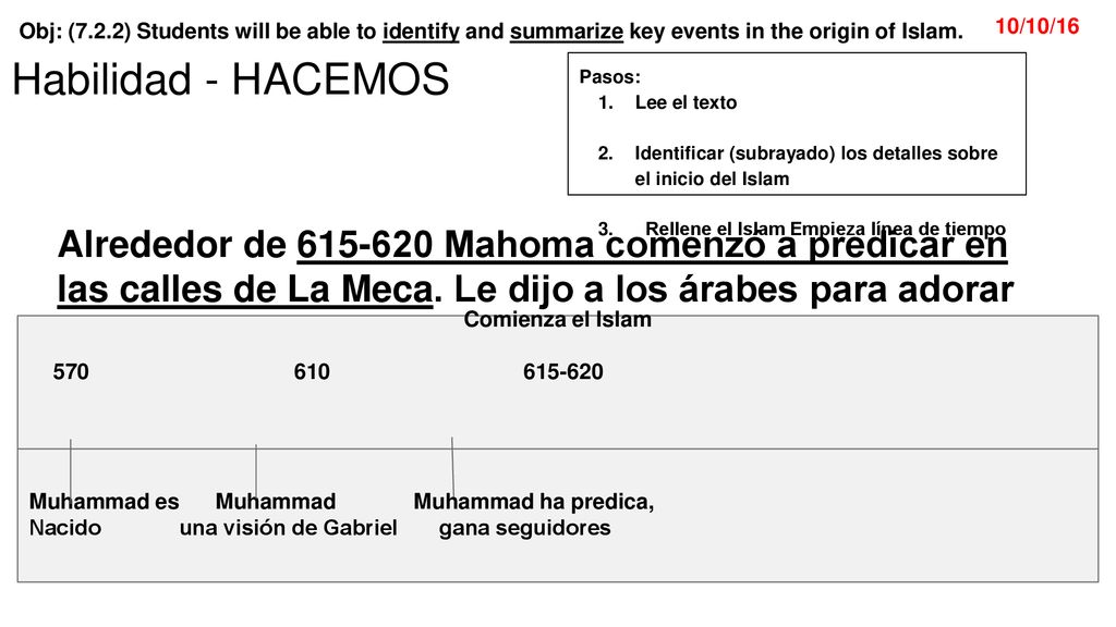 Habilidad - HACEMOS Pasos: Lee el texto. Identificar (subrayado) los detalles sobre el inicio del Islam.