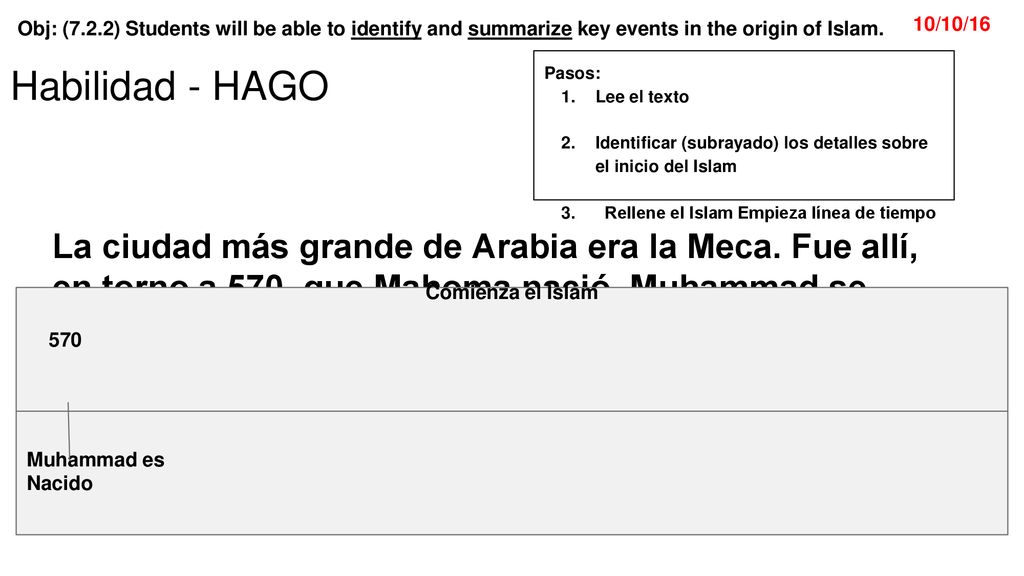 Habilidad - HAGO Pasos: Lee el texto. Identificar (subrayado) los detalles sobre el inicio del Islam.