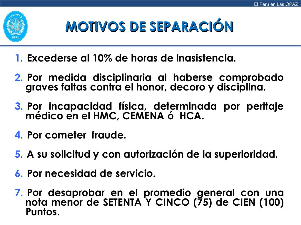MOTIVOS DE SEPARACIÓN Excederse al 10% de horas de inasistencia.