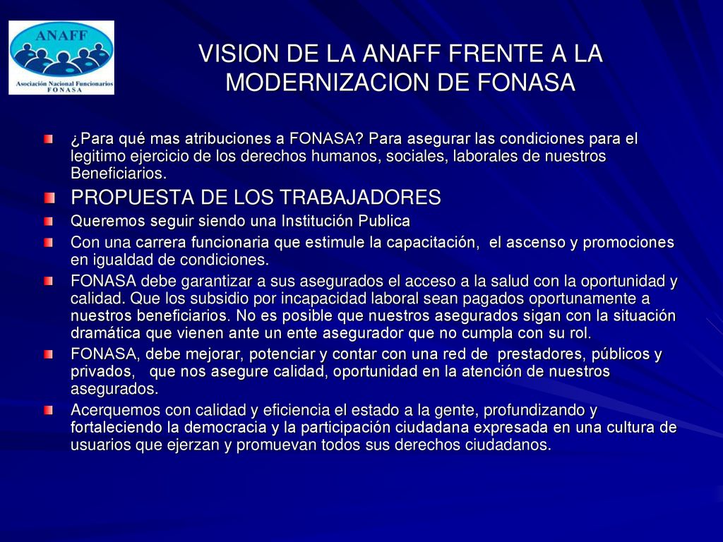 VISION DE LA ANAFF FRENTE A LA MODERNIZACION DE FONASA
