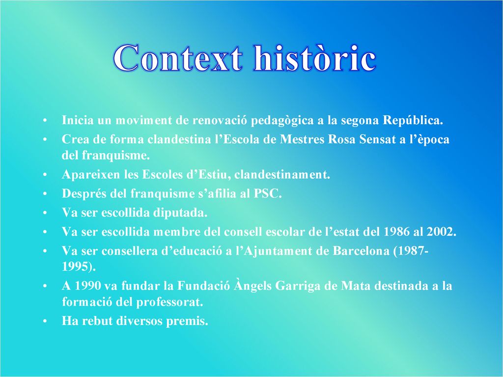 Context històric Inicia un moviment de renovació pedagògica a la segona República.