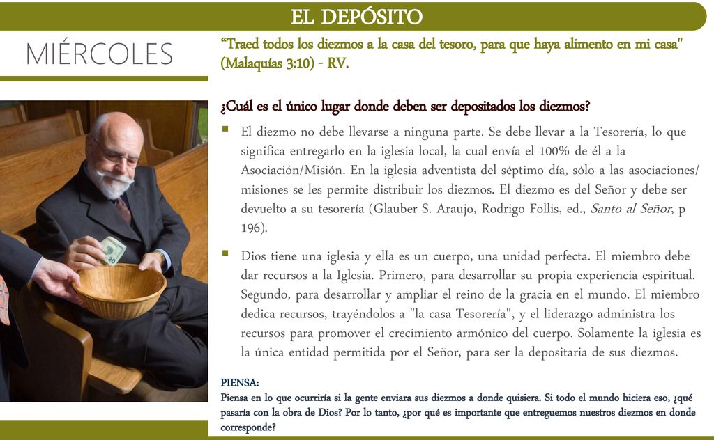 EL DEPÓSITO Traed todos los diezmos a la casa del tesoro, para que haya alimento en mi casa (Malaquías 3:10) - RV.