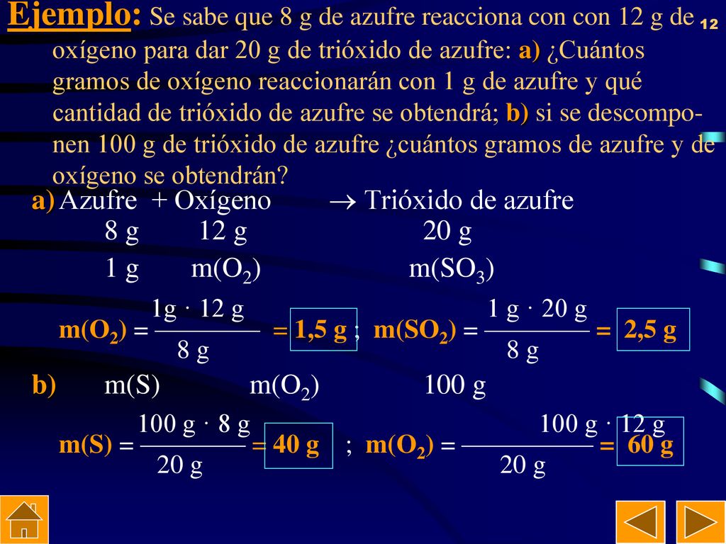 Ejemplo: Se sabe que 8 g de azufre reacciona con con 12 g de oxígeno para dar 20 g de trióxido de azufre: a) ¿Cuántos gramos de oxígeno reaccionarán con 1 g de azufre y qué cantidad de trióxido de azufre se obtendrá; b) si se descompo-nen 100 g de trióxido de azufre ¿cuántos gramos de azufre y de oxígeno se obtendrán