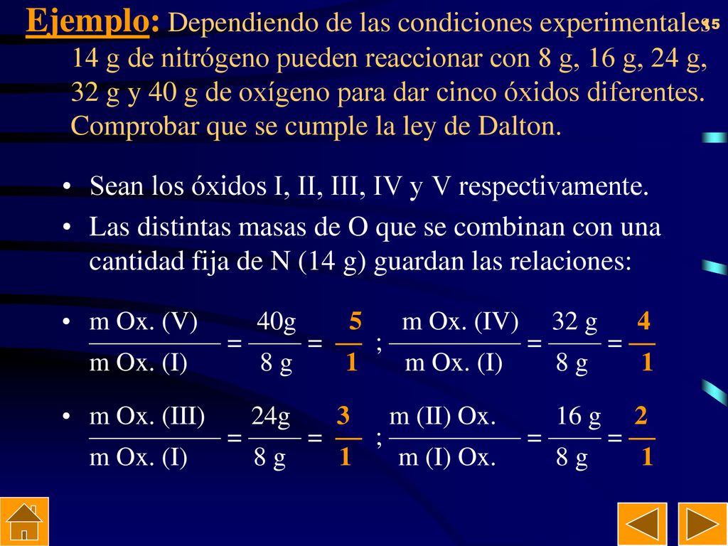 Ejemplo: Dependiendo de las condiciones experimentales 14 g de nitrógeno pueden reaccionar con 8 g, 16 g, 24 g, 32 g y 40g de oxígeno para dar cinco óxidos diferentes. Comprobar que se cumple la ley de Dalton.