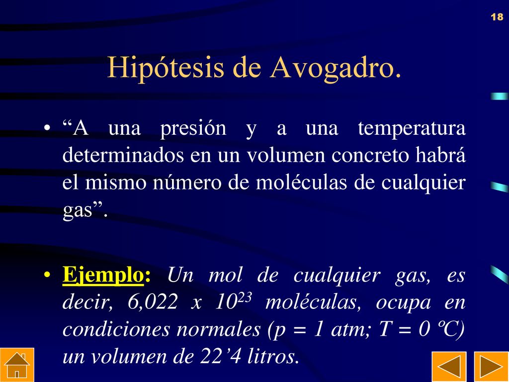 Hipótesis de Avogadro. A una presión y a una temperatura determinados en un volumen concreto habrá el mismo número de moléculas de cualquier gas .