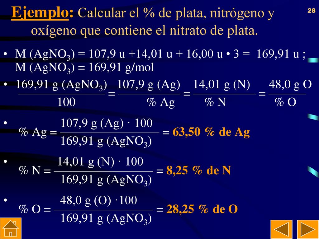 Ejemplo: Calcular el % de plata, nitrógeno y oxígeno que contiene el nitrato de plata.