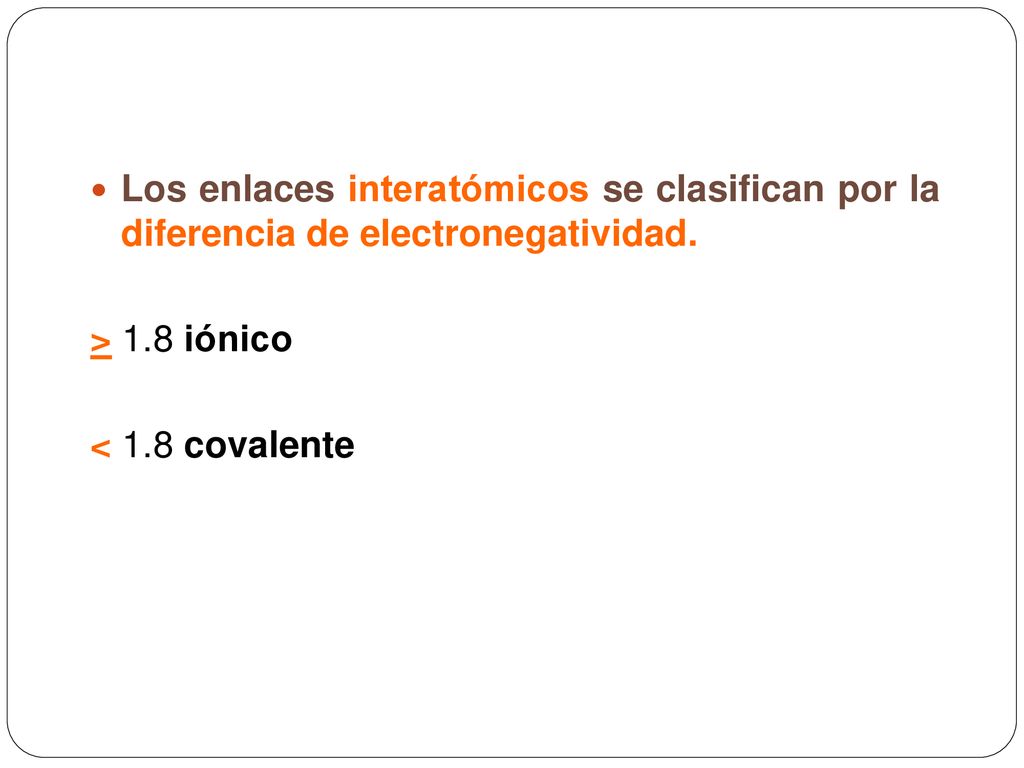Los enlaces interatómicos se clasifican por la diferencia de electronegatividad.