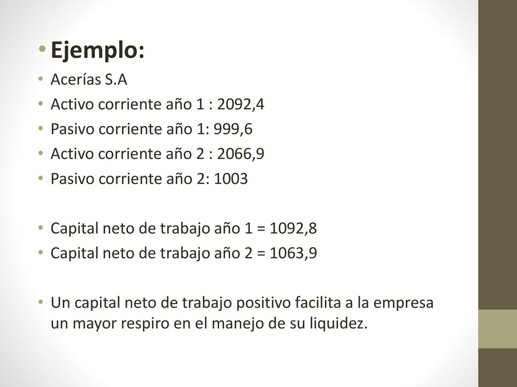 Ejemplo: Acerías S.A Activo corriente año 1 : 2092,4