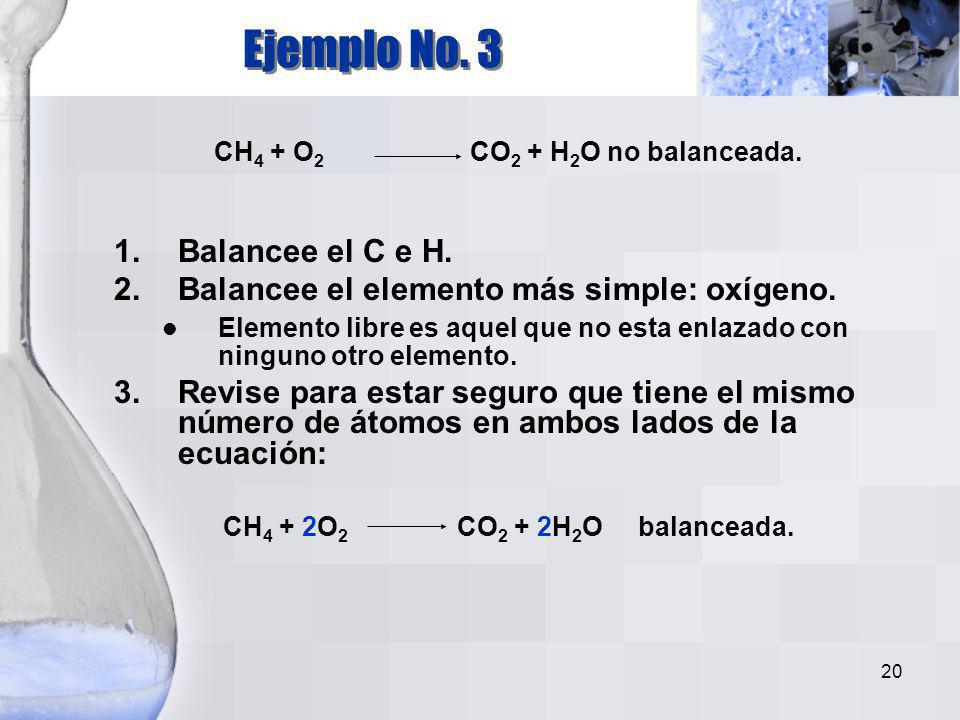 CH4 + O2 CO2 + H2O no balanceada.