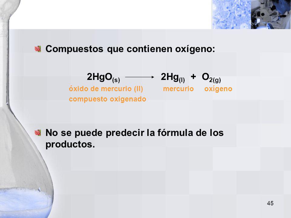 Compuestos que contienen oxígeno: 2HgO(s) 2Hg(l) + O2(g)