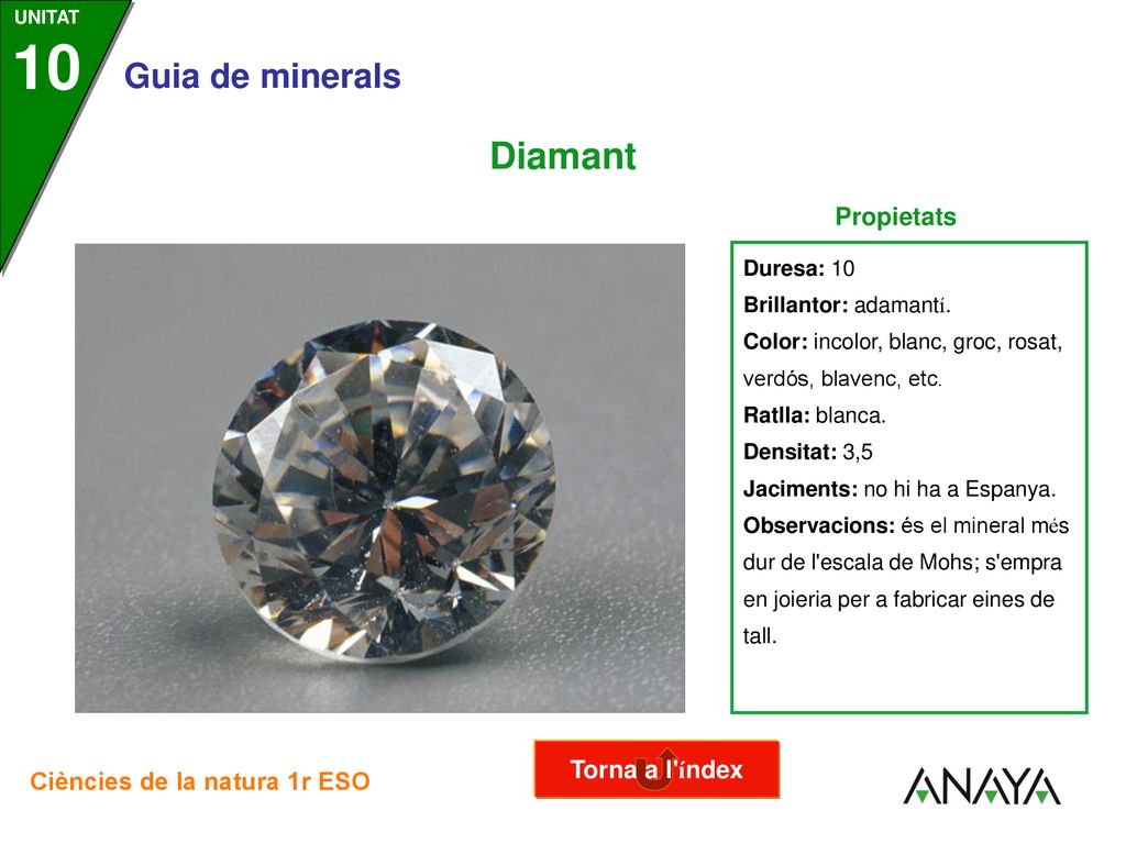 Diamant Propietats Torna a l índex Duresa: 10 Brillantor: adamantí.