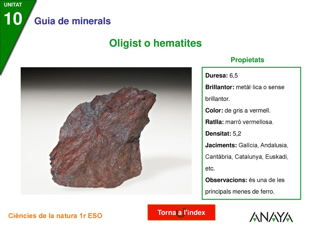 Oligist o hematites Propietats Torna a l índex Duresa: 6,5
