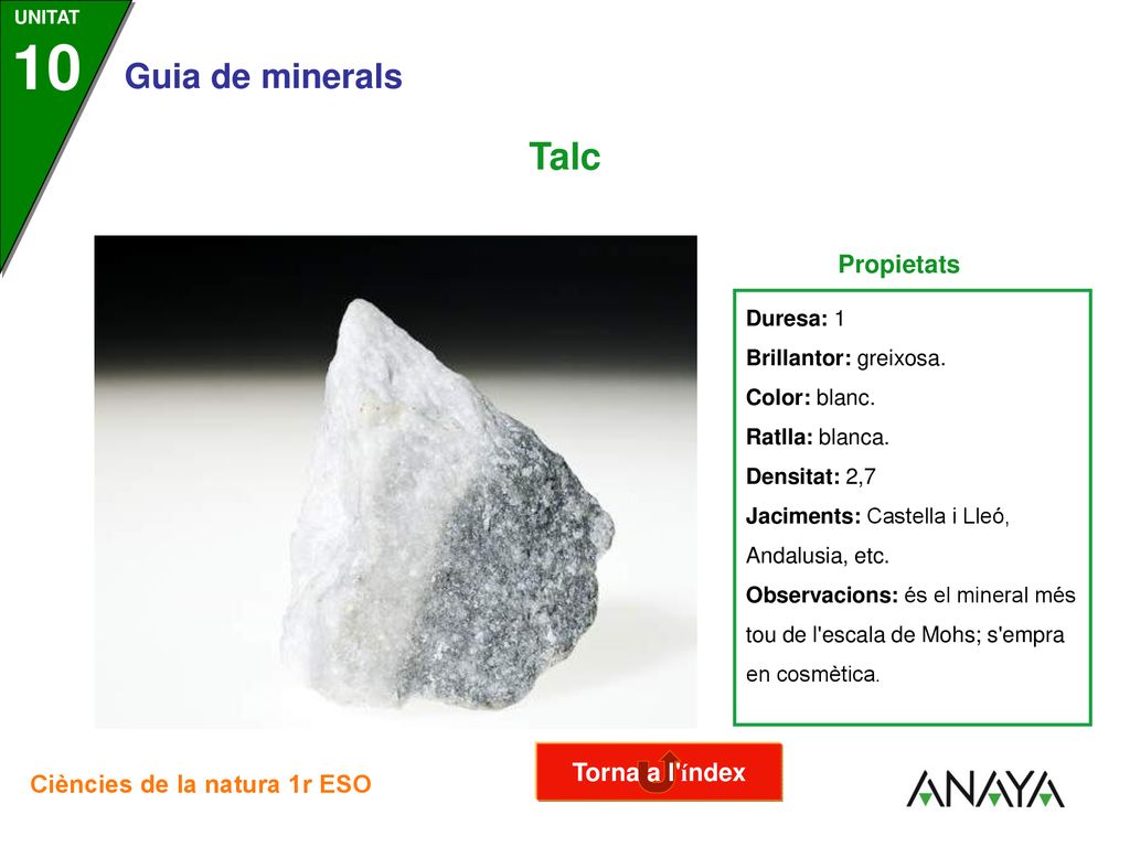Talc Propietats Torna a l índex Duresa: 1 Brillantor: greixosa.