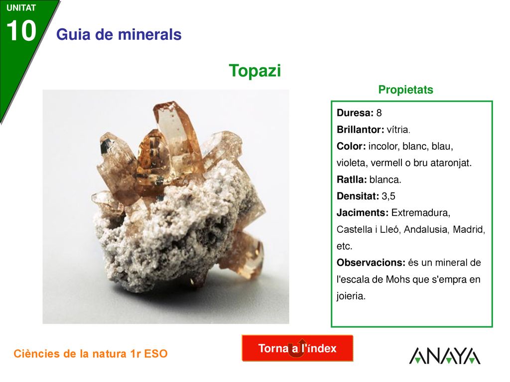 Topazi Propietats Torna a l índex Duresa: 8 Brillantor: vítria.