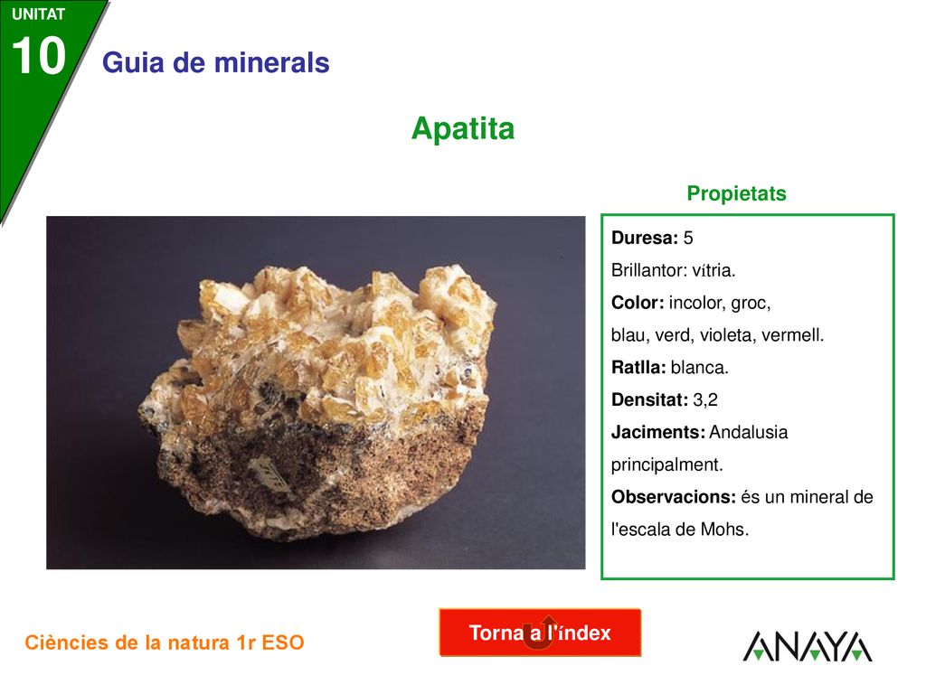 Apatita Propietats Torna a l índex Duresa: 5 Brillantor: vítria.
