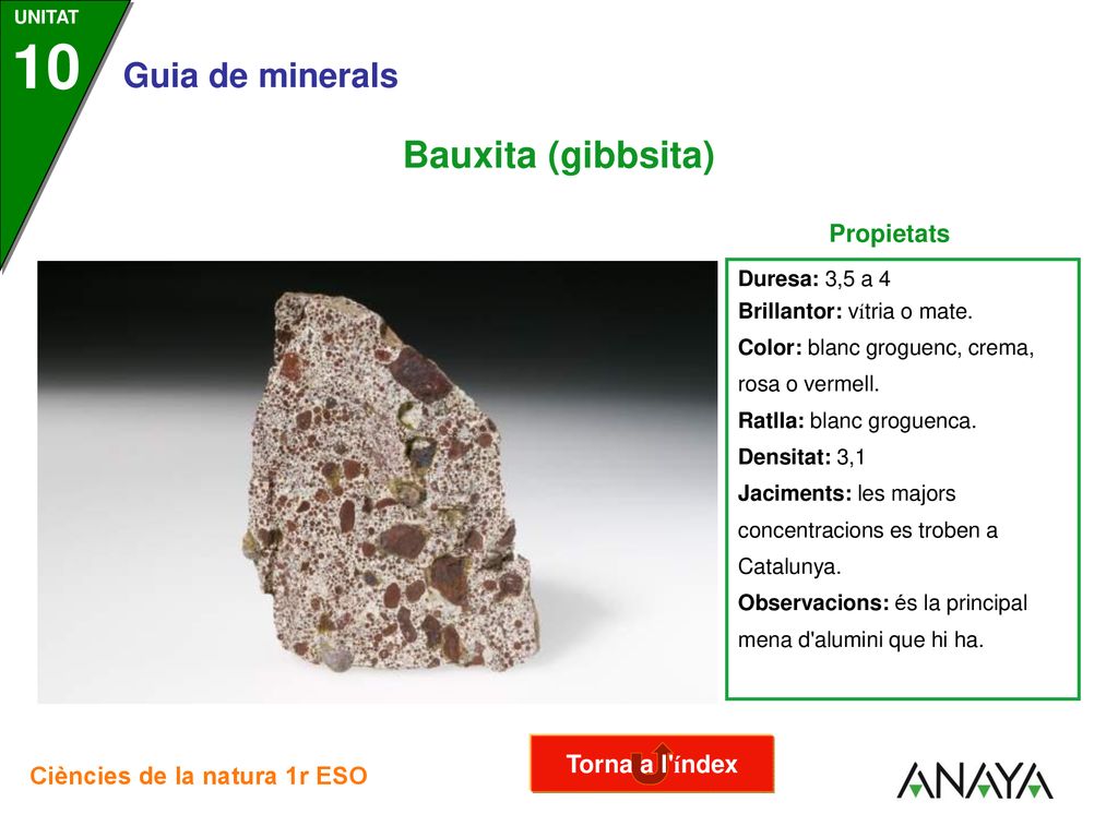 Bauxita (gibbsita) Propietats Torna a l índex Duresa: 3,5 a 4