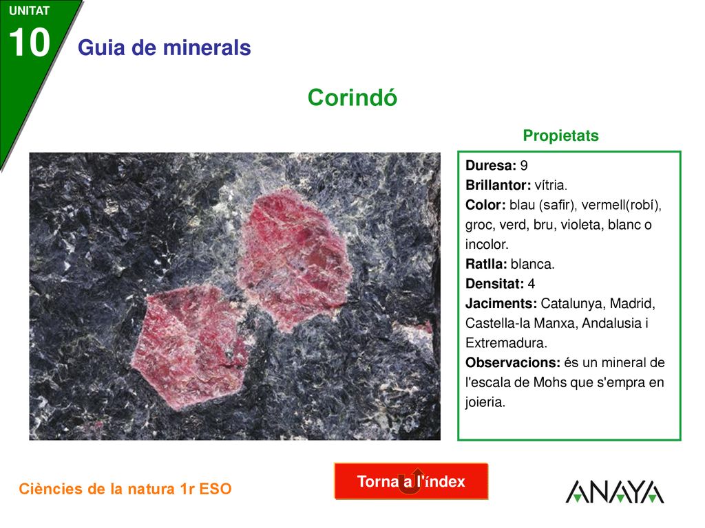 Corindó Propietats Torna a l índex Duresa: 9 Brillantor: vítria.