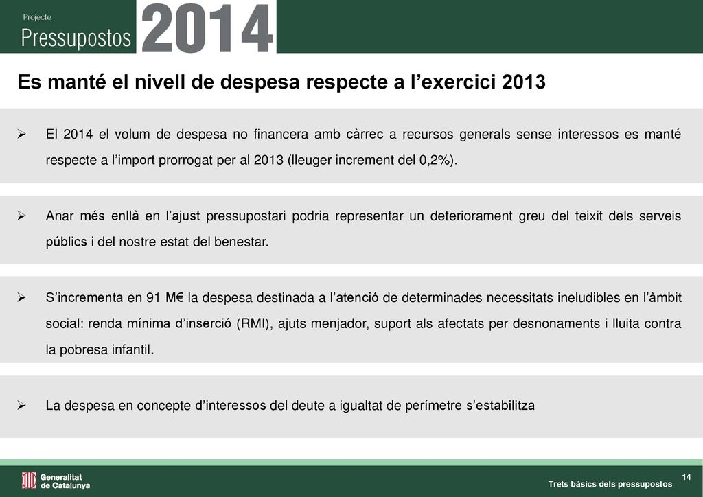 Es manté el nivell de despesa respecte a l’exercici 2013
